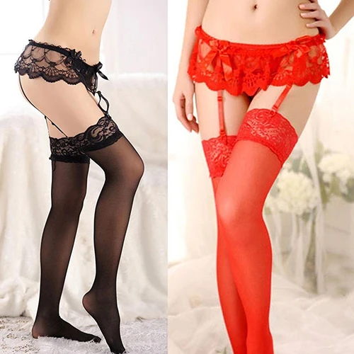 Женские пикантные прозрачные кружевные чулки до бедра с поясом и подвязками |