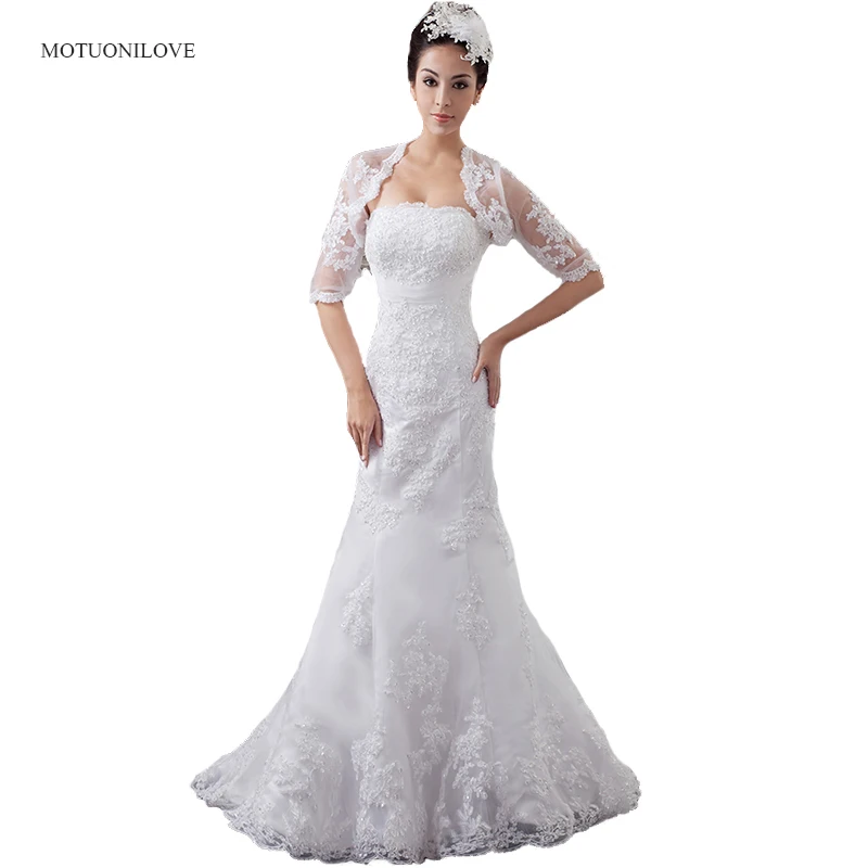 

Real photo Mermaid Wedding Dresses Plus Size Lace Appliques Half Sleeves Bridal Gown Custom Made Wedding Gown With Jacket/Bolero