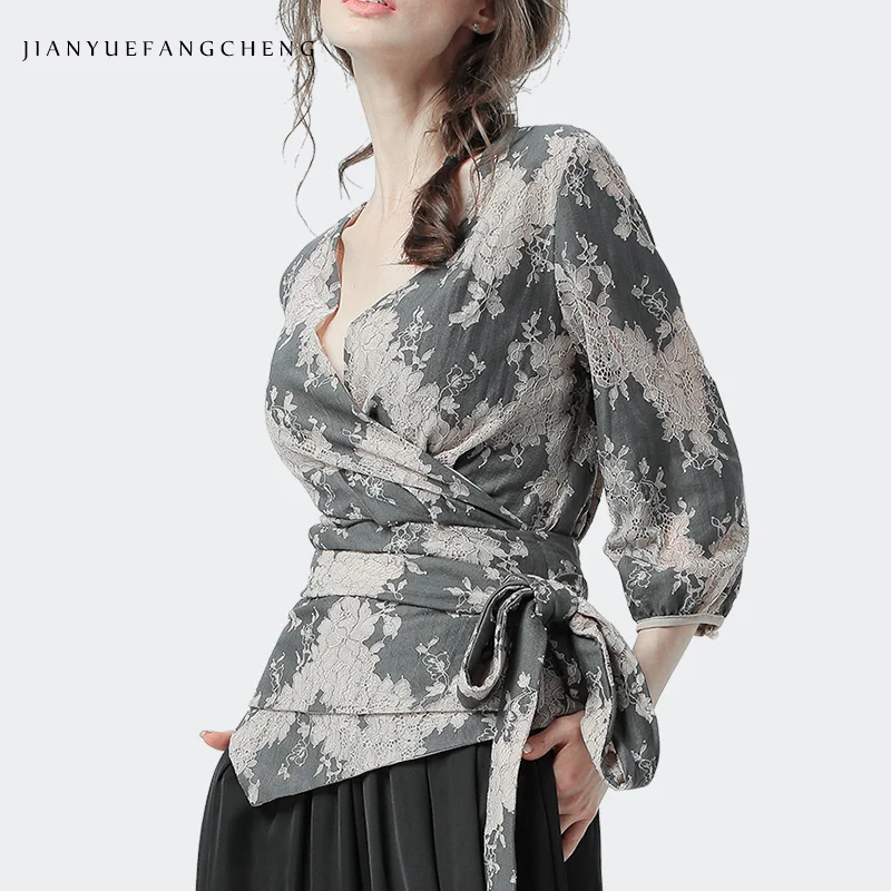 Mix Color Кружевная рубашка с цветочным рисунком, женская блузка с рукавом-фонариком 9/10, с перекрестной шнуровкой, кардиган на поясе, летние топы, сексуальные тонкие модные туники - Цвет: Mix Color