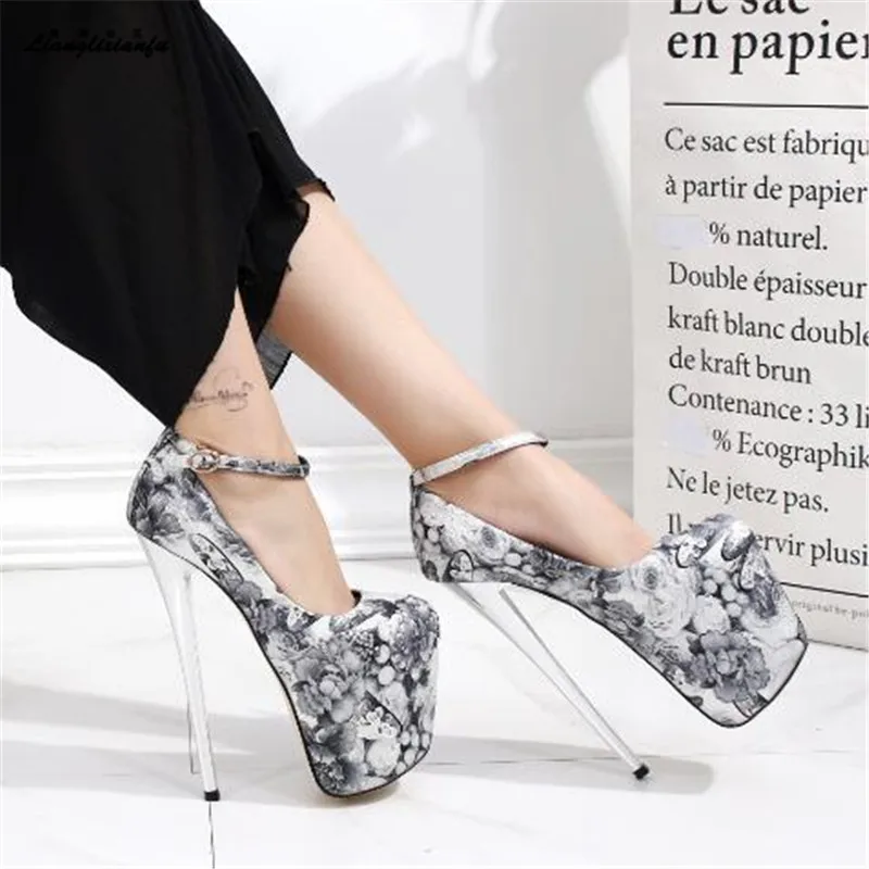 LLXF zapatos/Большие размеры: 34-45, 46, 47, весенние пикантные туфли на тонком высоком каблуке 20 см женские туфли-лодочки на шпильке в этническом стиле ретро с ремешком на щиколотке