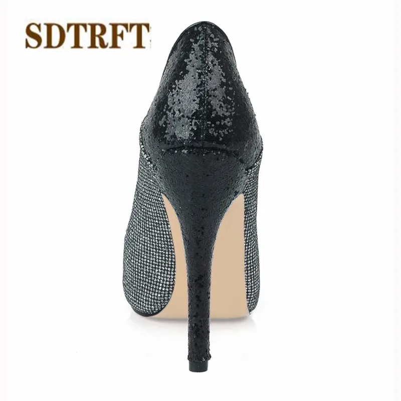 

SDTRFT Plus:35-42 43 Stilettos Peep Toe 11cm Thin heels ladies Sequins shoes woman Gold/Black Bling pumps sapato feminino