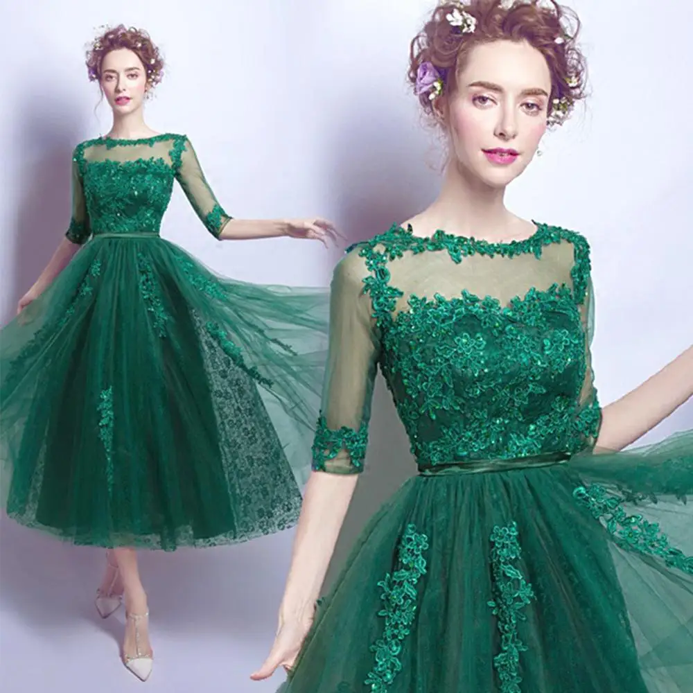 Винтажное темно-зеленое коктейльное платье с рукавом средней длины, вечерние платья с открытой спиной