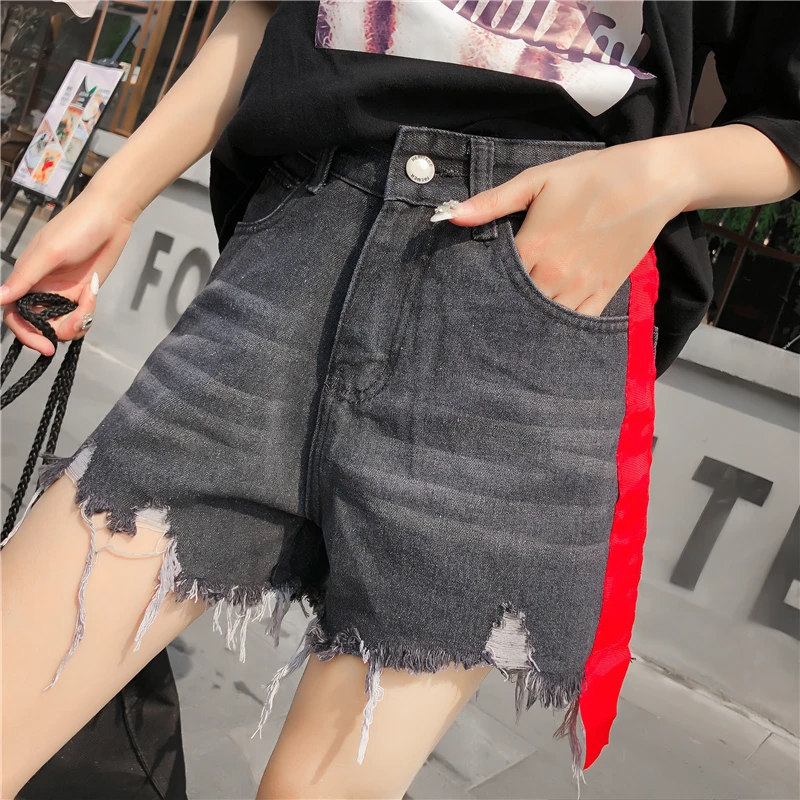 Bump color side stripes 2018 summer new Korean version of frayed fringe hole jeans shorts high-waisted student hot pants 8617 | Женская