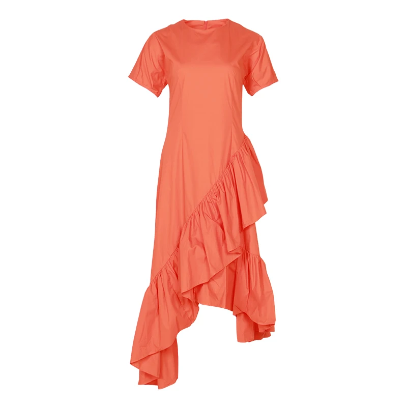 TWOTWINSTYLE летнее однотонное платье для женщин с круглым вырезом и коротким рукавом, с высокой талией, с рюшами, тонкие асимметричные платья, женская мода