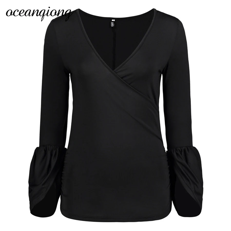 Женская блузка рубашка 2018 Весна длинный рукав фонарь сексуальный глубокий