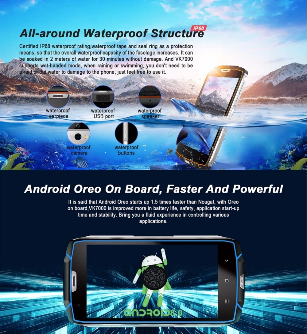 Vkworld VK7000 IP68 Водонепроницаемый смартфон 5 2 &quotMTK6750T Octa Core Android 8 0 Беспроводной
