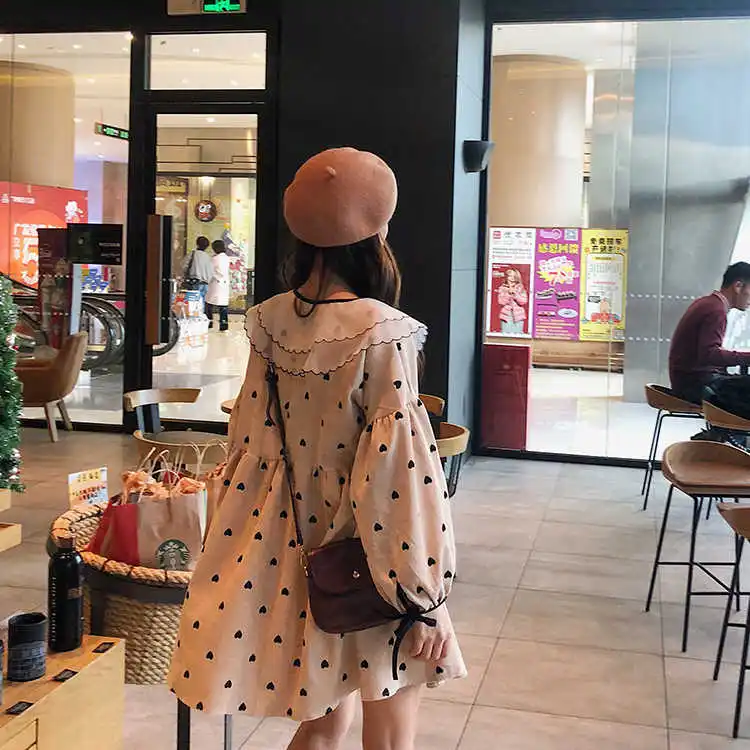 

Cute Summer Women Fashion Dress Elegant Long Sleeve Dots Tops Ladies Female Large Swing Loose Dresses Sweet Peter Pan Coller