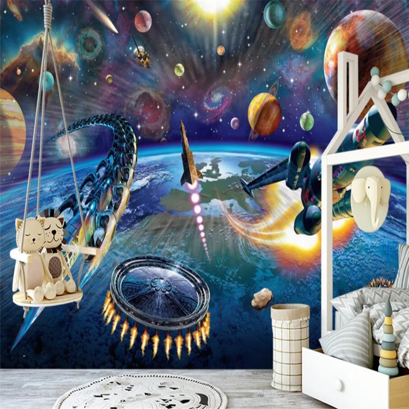 

beibehang Modern hand-painted cartoon space spaceship children's room mural background custom large mural wallpaper