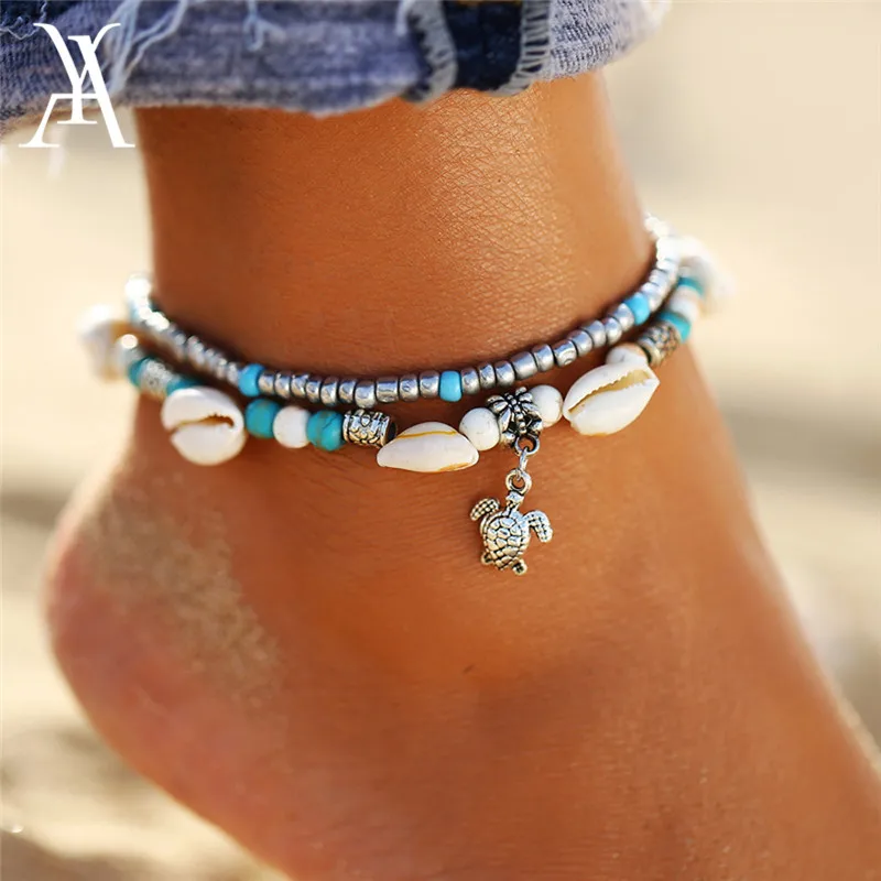 Женский винтажный браслет на щиколотке Boho Ocean Beach Cowrie Shell многослойный с бусинами