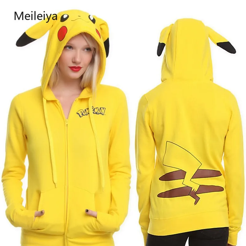 Женская милая толстовка с капюшоном Пикачу повседневная на молнии зиму и весну