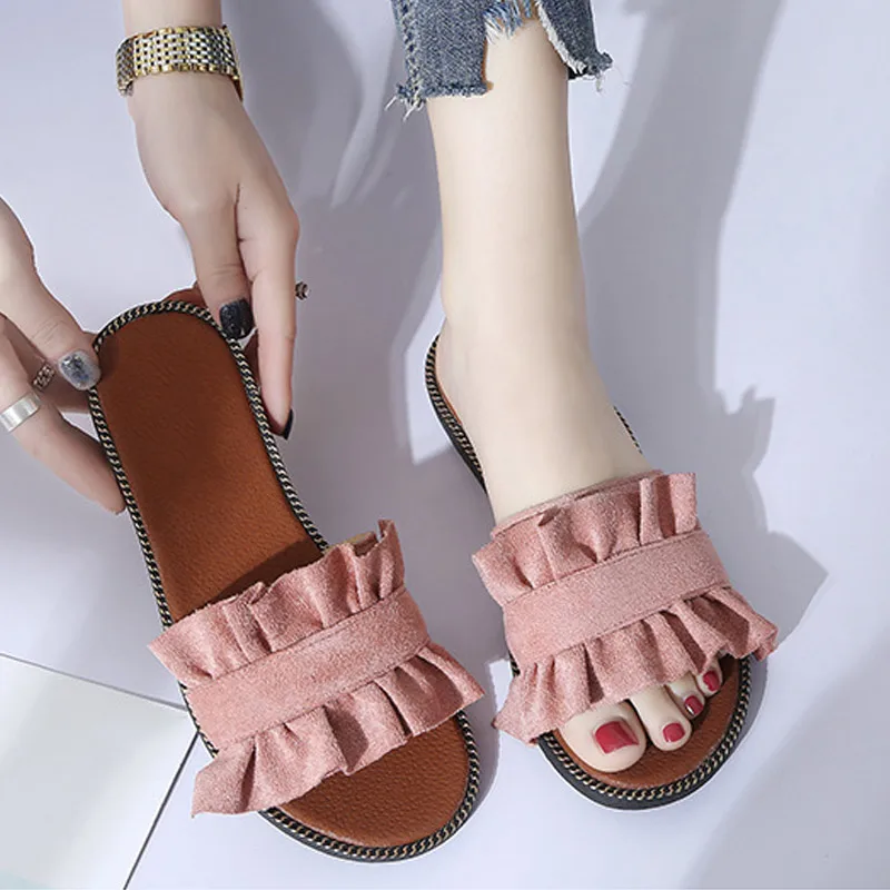 Женская обувь на лето Нескользящие шлепанцы плоской подошве с открытым носком и