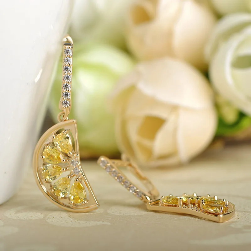 FUNMOR Fan Lemon Shape Copper Dangle Earrings Yellow CZ Zircon Fruit Earring For Women Girls Dance Party Ear Jewelry Oorbellen | Украшения