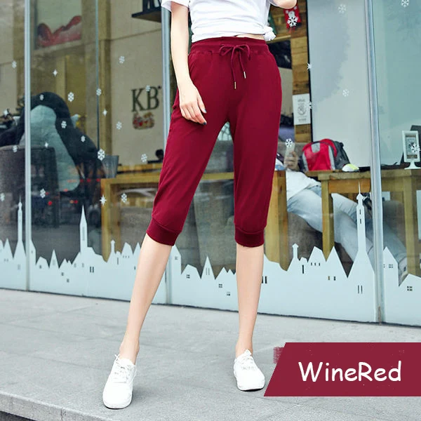Wine Red Женские хлопковые Капри, летние штаны, повседневные свободные штаны-шаровары для женщин, бриджи длиной до колена, женские штаны-капри, женские спортивные штаны - Цвет: Wine Red