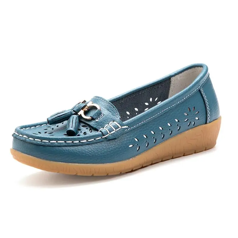AURONET Soft Leather Hollow Women Ballet Flats Shoes Slip On Loafers Women'S Moccasins Boat Shoes Large Size Spor Ayakkabi Bayan - Color: Blue