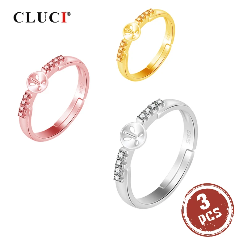 

CLUCI 3pcs 925 Sterling Silver Adjustable Women Pearl Ring Mounting Silver 925 Rings Jewelry Zircon Simple Open Rings SR2175SB