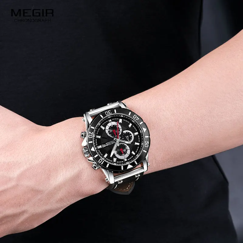 Megir мужские часы лучший бренд класса люкс Reloj Hombre Ретро военный хронограф наручные часы Relogio Masculino часы 2081 черный