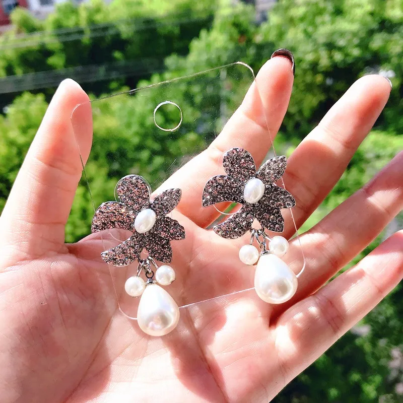 Новые модные корейские блестящие серьги-капли с цветком из горного хрусталя