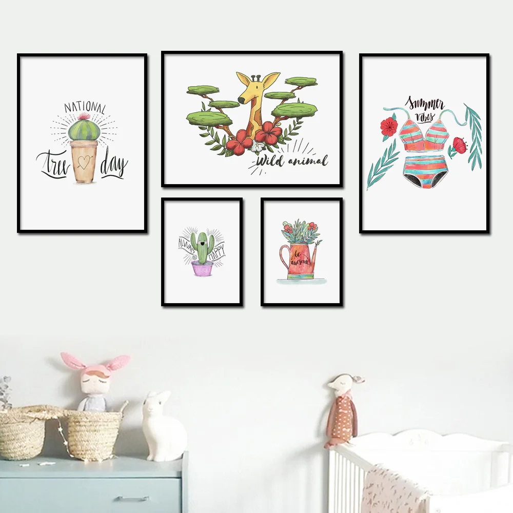 

Watercolor Vintage Swimwear Flower Giraffe Wall Art Canvas Painting Nordic Posters and Prints Wall Pictures Baby Kids Room Decor