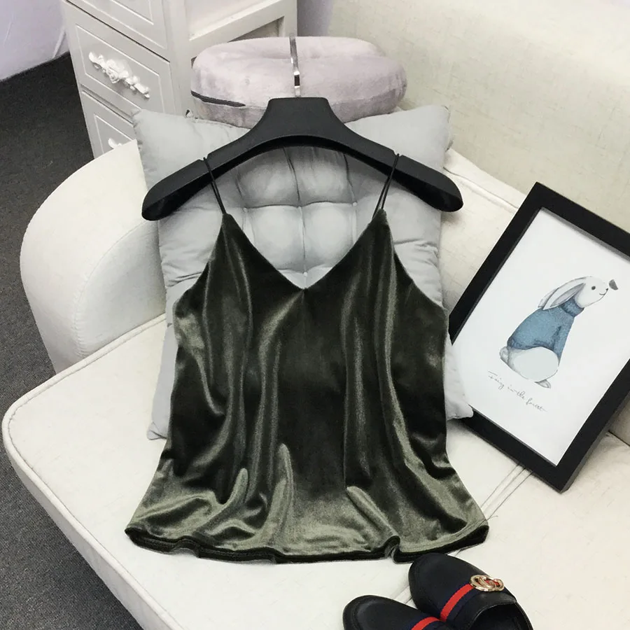 Армейский зеленый ALPHALMODA, осенне-зимний короткий однотонный бархатный топ на бретельках с v-образным вырезом, короткая бархатная рубашка на подтяжках - Цвет: Армейский зеленый