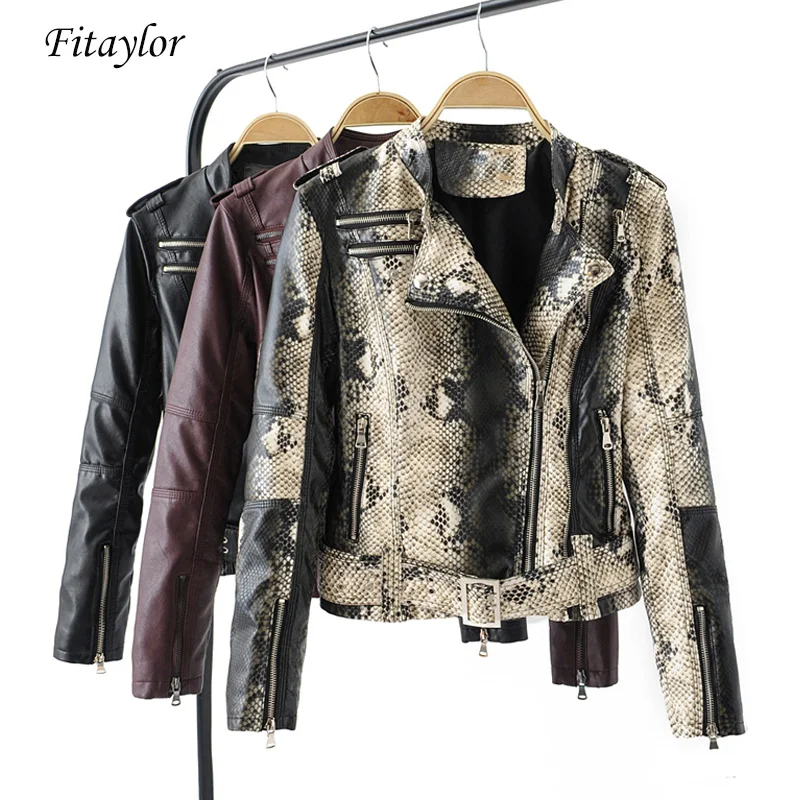 Fitaylor Женская куртка из искусственной мягкой кожи змеиная черная короткая в стиле