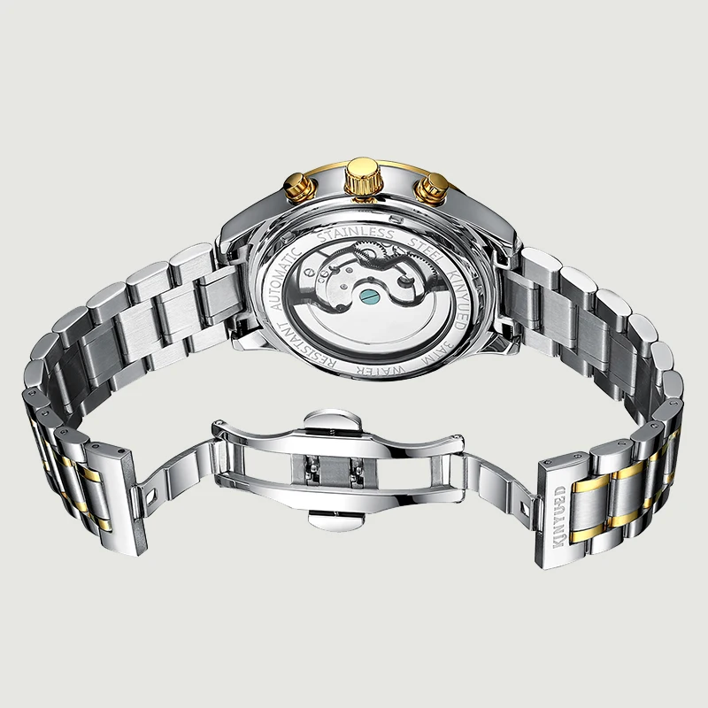 Kinyued Бизнес Деловые часы Для мужчин S Skeleton Tourbillon автоматические часы Для мужчин золото Сталь Календари Водонепроницаемый Relojes HOMBRE