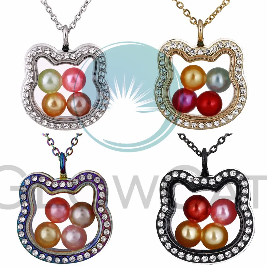 Голова кота из мультфильма стеклянный медальон Ожерелье Стразы жемчужная клетка