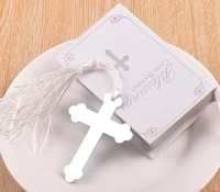 20pcs silver stainless steel white tassels cross bookmark for wedding baby shower party birthday favor gift souvenirs