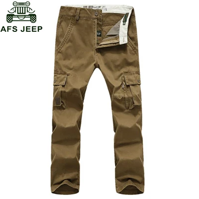 Хаки AFS JEEP, брендовые Мужские штаны, хлопок, брюки карго, мужские, одноцветные, средняя талия, армейские военные брюки, много карманов, тактические штаны для мужчин - Цвет: Хаки