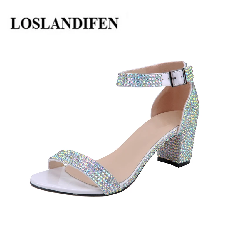 

LOSLANDIFEN Shoes Women Crystal Embroidery Sandals Square Heels Ankle Buckle Handmade Wedding Party Shoes Summer Femme Chaussure