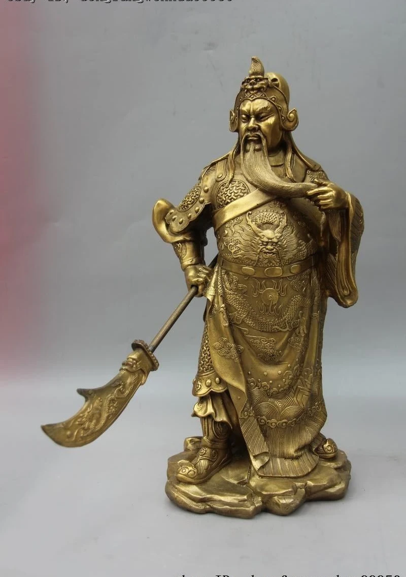Китайский латунный бронзовый дракон Guangong Guan Gong Yu воин Бог держит нож статуя | Дом