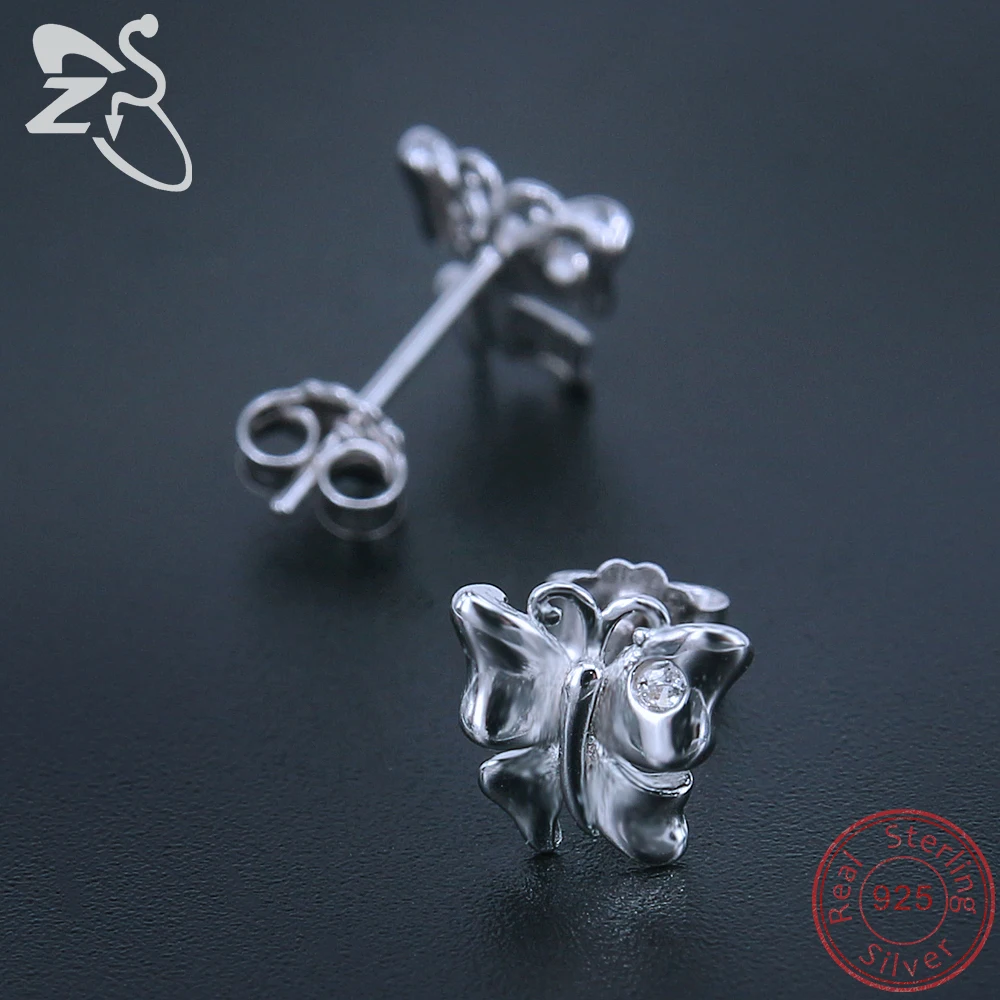 ZS 925 Sterling Silver Butterfly Earrings with Clear Crystal Stud Cute for Girls Kids Animal Oorbellen Jewelry | Украшения и