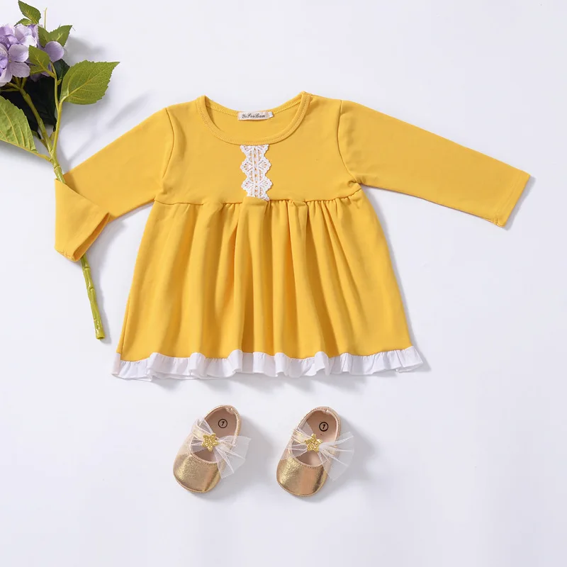 Toddler Dresses For Girls Lace Patchwork Long Sleeved Princess Sundress Baby Yellow Clothing Autumn Birthday Party 1-4Yrs | Детская - Фото №1