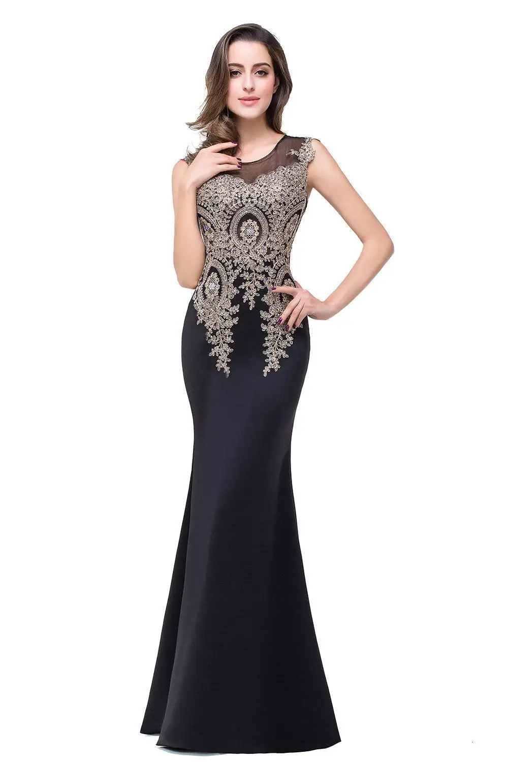 

In Stock Fast Shipment Sexy Mermaid Wedding Evening Dress Sleeveless illusion Back Lace Applique Stretch Satin Fabric Fit Well
