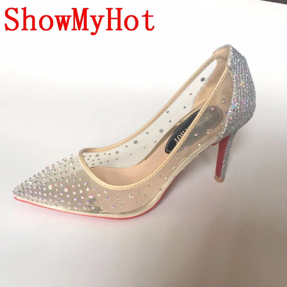 ShowMyHot/блестящие женские туфли на высоком каблуке; туфли на шпильке с красным блеском; пикантные туфли-лодочки с острым носком на высоком каблуке; женская обувь со стразами