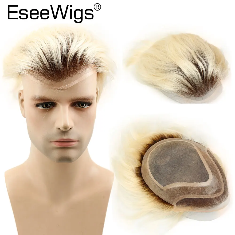 Eseewigs коричневый корни 60 платиновой блондинки из эффектом деграде(переход от темного к накладки из искусственных волос 4T60 прямо бразильский Реми человеческие волосы заменить Для мужчин t Системы для Для мужчин 10x8
