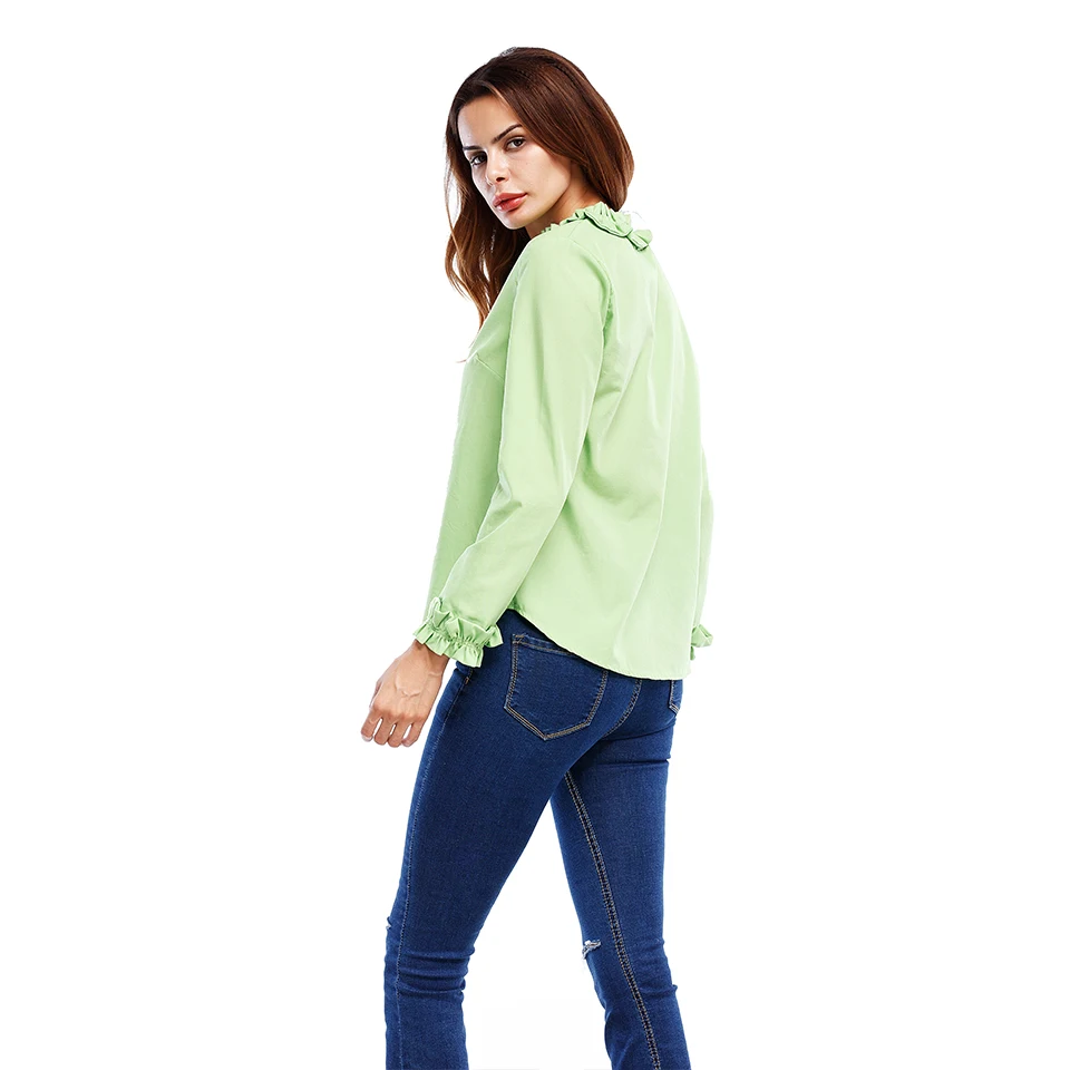 Fantabulous new High collar Pure color leisure Women shirt Wavy edge Landscape buttons Sweet blouse 2018 |