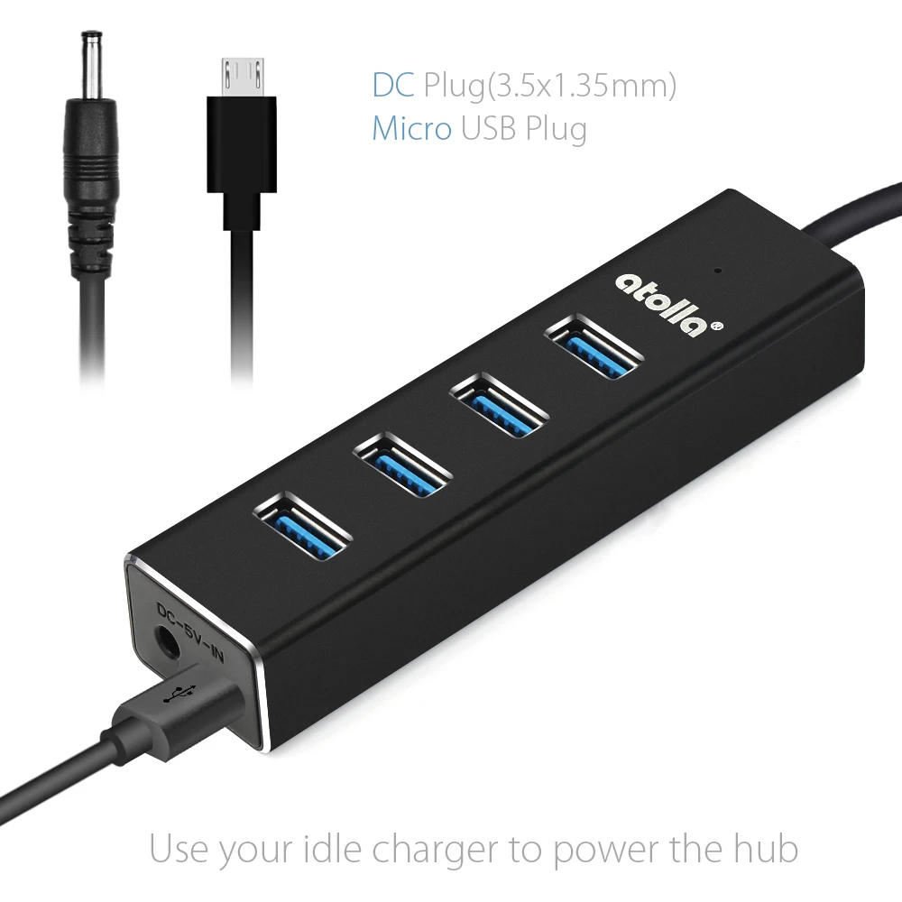 Atolla 4-Порты и разъёмы USB 3,0 центр данных Алюминий USB 3 удлинитель сплиттер с блоком питания постоянного тока/микро USB Порты и разъёмы для Питание и OTG USB флэш накопитель для планшетного компьютера
