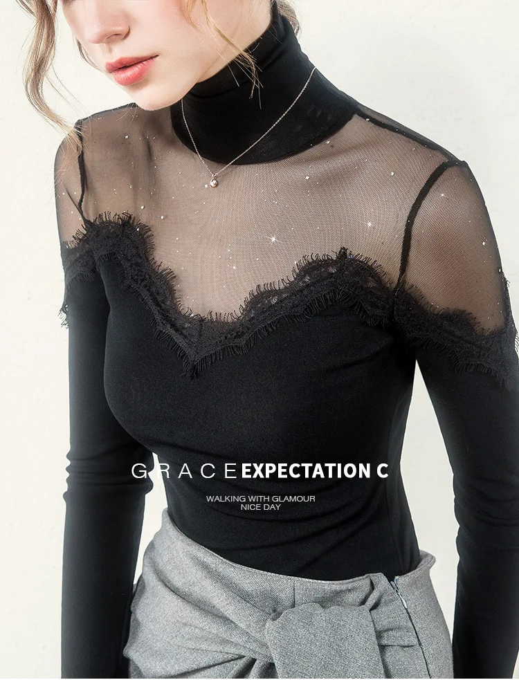 New T shirt Women Transpanrent Mesh Patchwork Eyelash Lace Elegant Sexy Turtleneck Tops Bottoms Stretchy Long Sleeve T91095