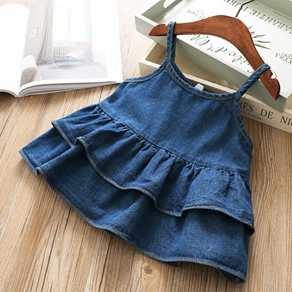 Джинсовые топы с оборками на лямках для маленьких девочек однотонные джинсы