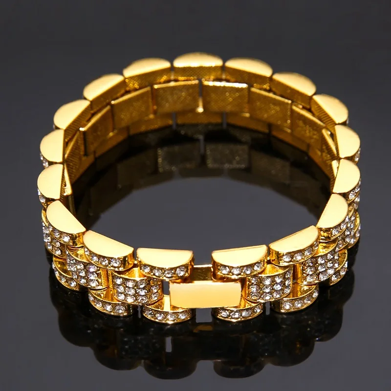 Мужской браслет в стиле хип-хоп из толстой меди со стразами 20 см Золотое и