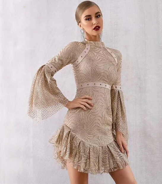 

2019 New Women Sequined dress O-Neck long sleeve Vestido Celebrity Evening Party Bodycon Bandage Dresses