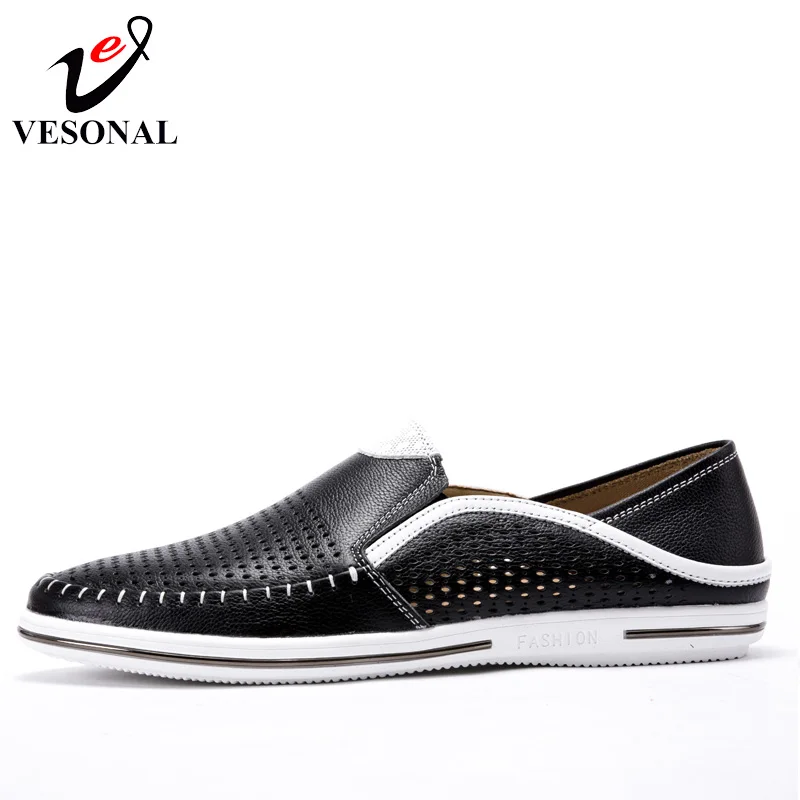 VESONAL Summer Hollow Out Breathable Genuine Leather Casual Male Shoes For Men Adult Loafers Slip On Sneakers Driving Moccasins | Обувь