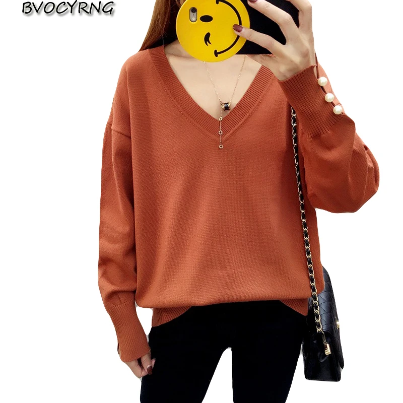 2018 Autumn and winter sweater women's solid color knitted long-sleeved shirt V-neck loose large size women jacket A1049 | Женская
