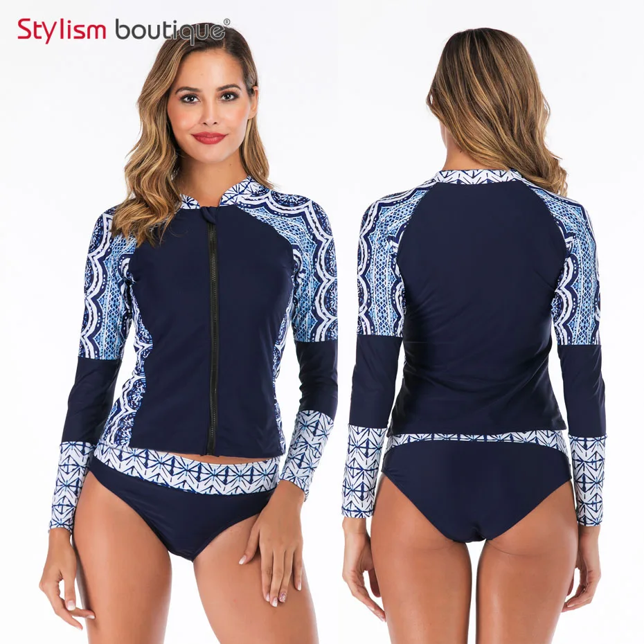 New Rashguard Padded Long Sleeve Swimsuit Surfing Rash Guard Women Two Piece Swimwear Separate Tankini Sport Bathing Suit