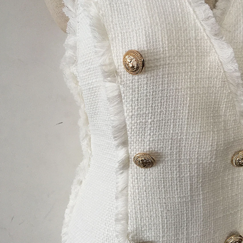 Высокое качество, новейшая мода, подиум, дизайнерское платье, женское, без рукавов, с пуговицами льва, с бахромой, твидовое платье на бретелях