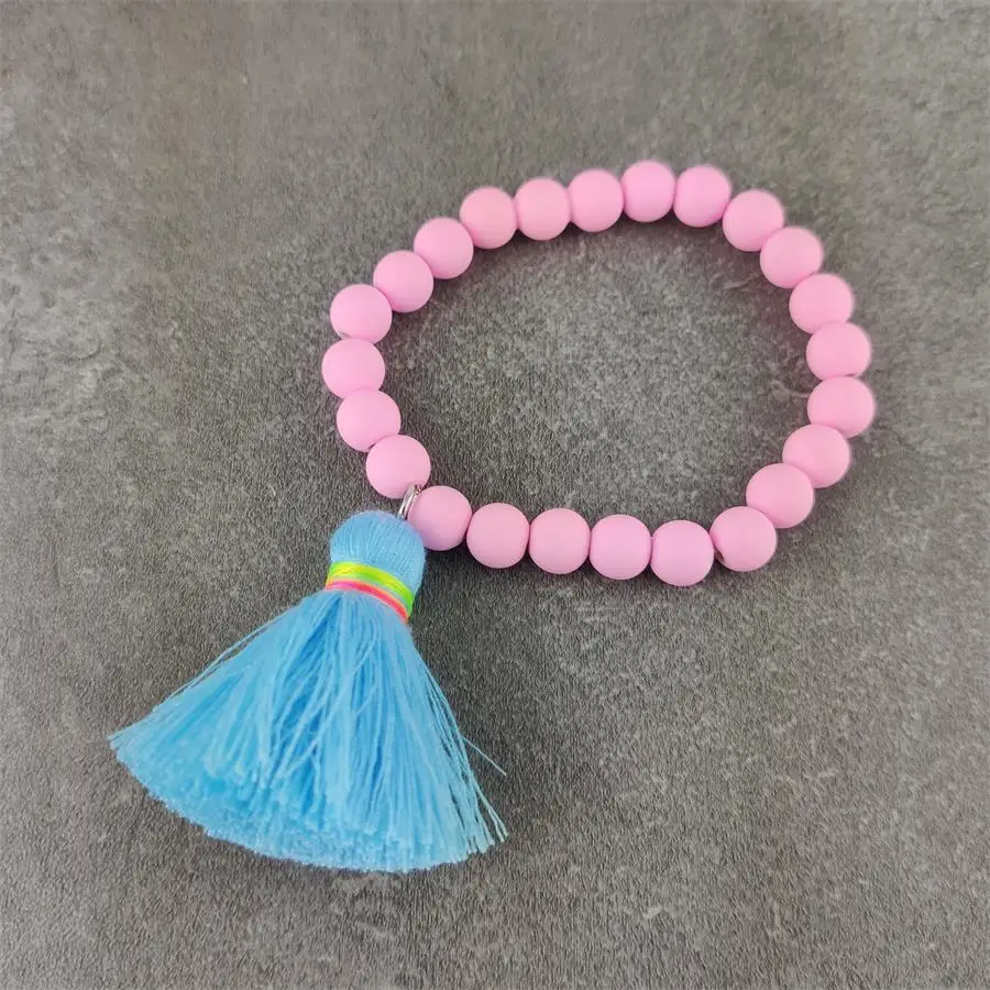 rubber plated pink Новая мода резиновое покрытие эластичный браслет из бусин с красочными большими кисточками для женщин Летний пляж призвание ювелирные изделия - Окраска металла: rubber plated pink