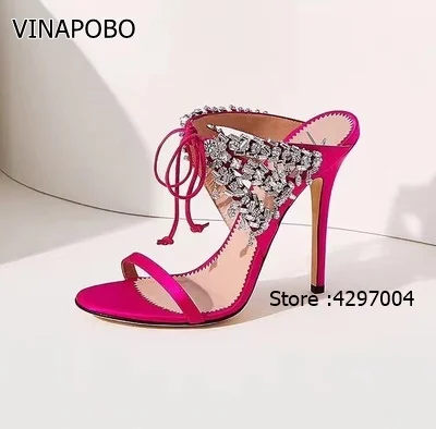 Vinapobo телесного цвета Атлас шпалы Slingback Для женщин Шлёпанцы на высоком каблуке с открытым носком женские шлепанцы лето кристалл декор Bling сандалии для вечеринок - Цвет: 8cm