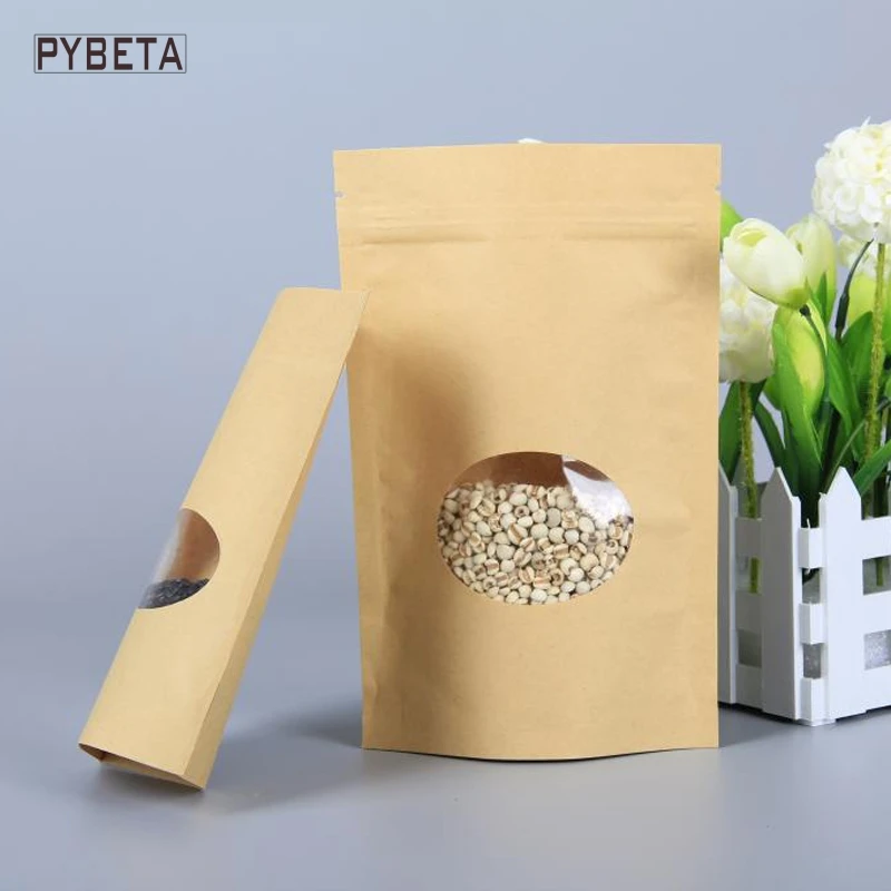 

50pcs/lot- 8 sizes available Zipper lock Stand up Kraft Paper Pouch with Round Clear Window food tea powder party gift bag