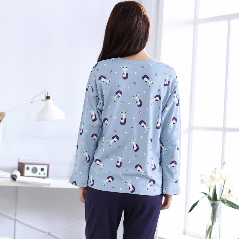 

Hot Sale Autumn 100%Cotton Long Sleeve Round Neck Women Pajamas Set Cartoon Leisure Big Size M-XXL Female Homewear Clothing