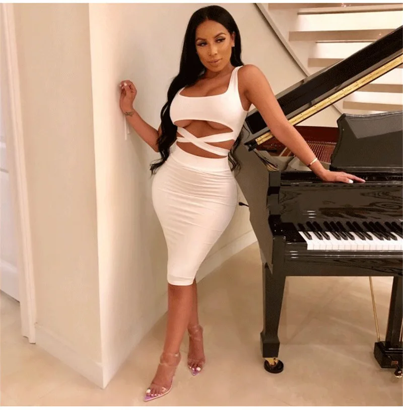 

Sexy Sleeveless 2 Piece Set Women Bandage Bodycon Dress Package Hip Clubwear Mini Crop Top Pencil Set Off Shoulder